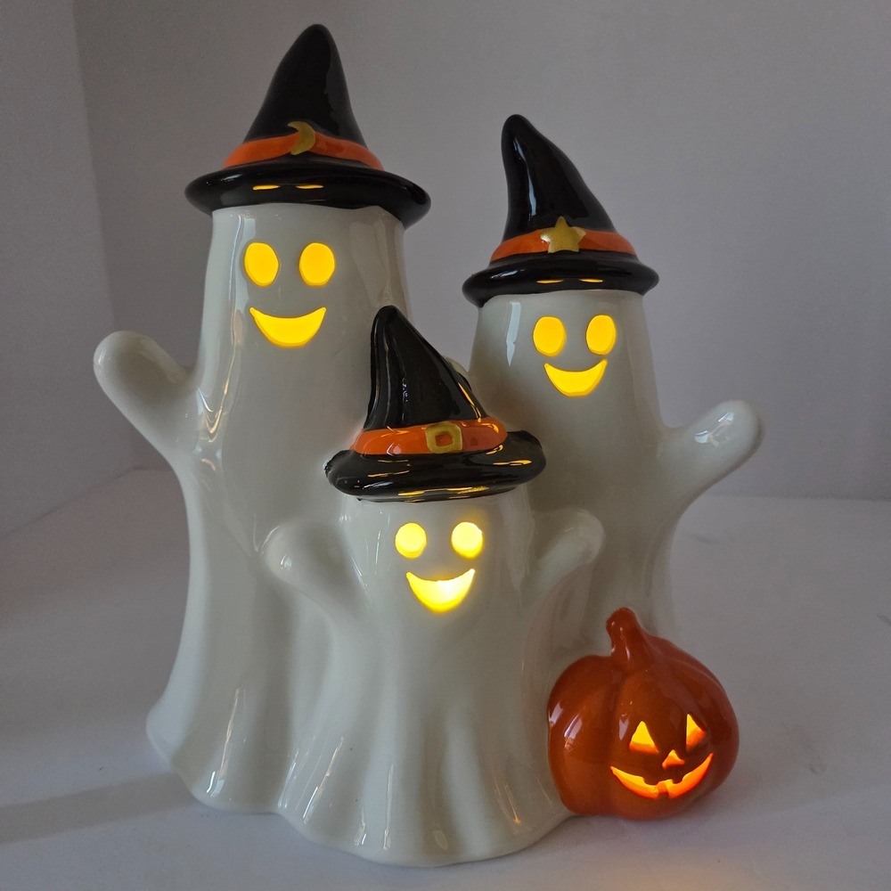 Jack O Lantern Lane Ghost Trio Figurine Medium White New Halloween Ceramic LED